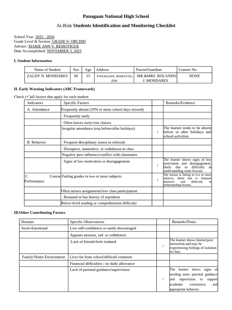 At-Risk Students Identification and Monitoring Checklist | PDF ...