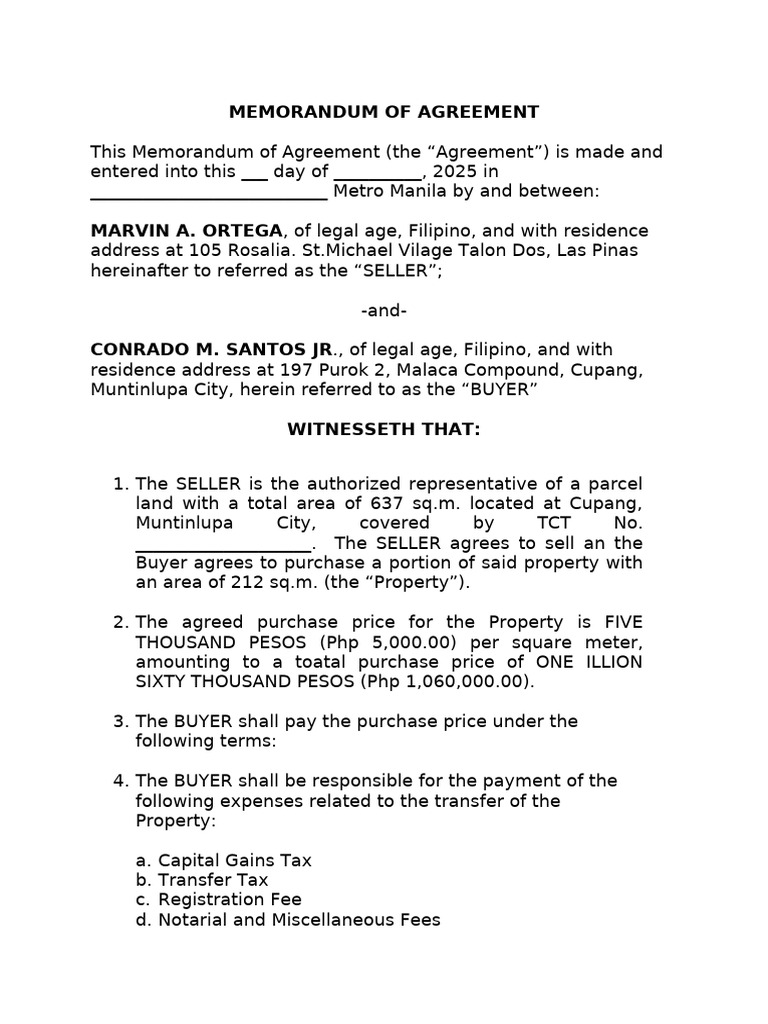Memorandum of Agreement for Property Sale | PDF | Private Law | Civil ...