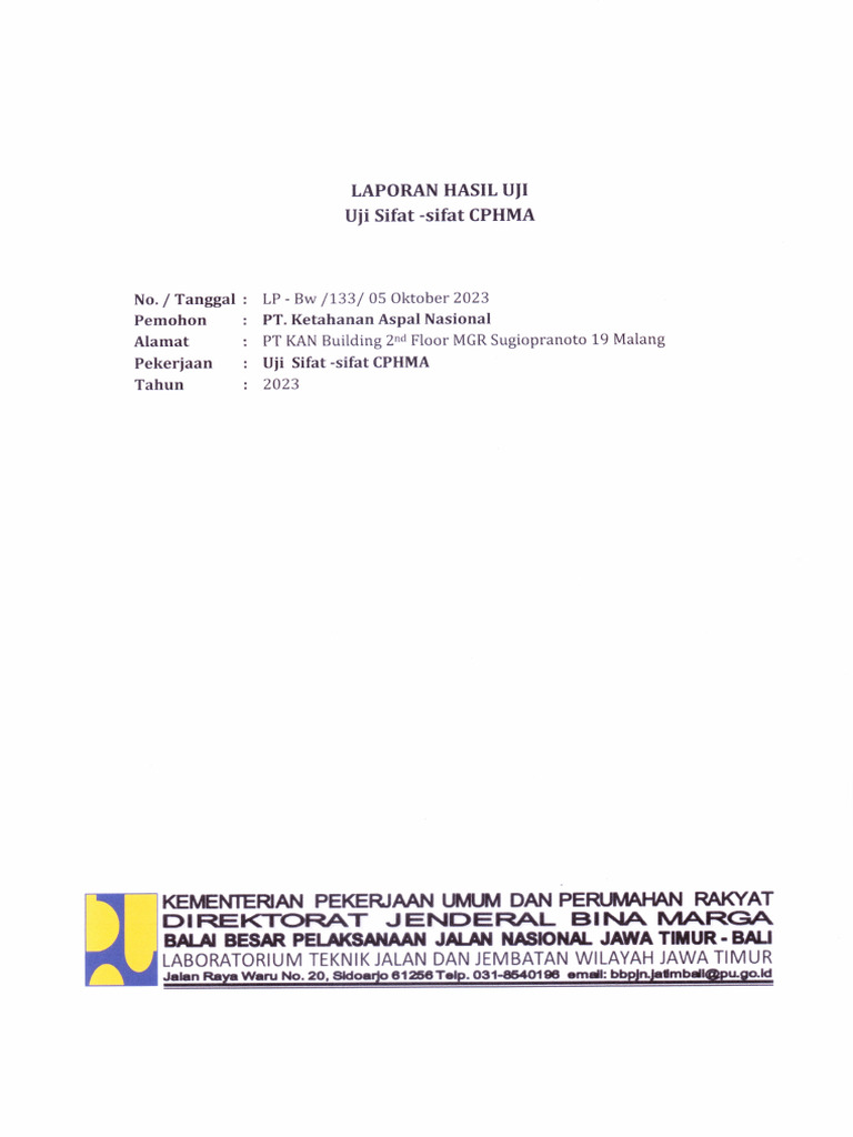 Hasil Uji Sifat Aspal CPHMA 2023 | PDF