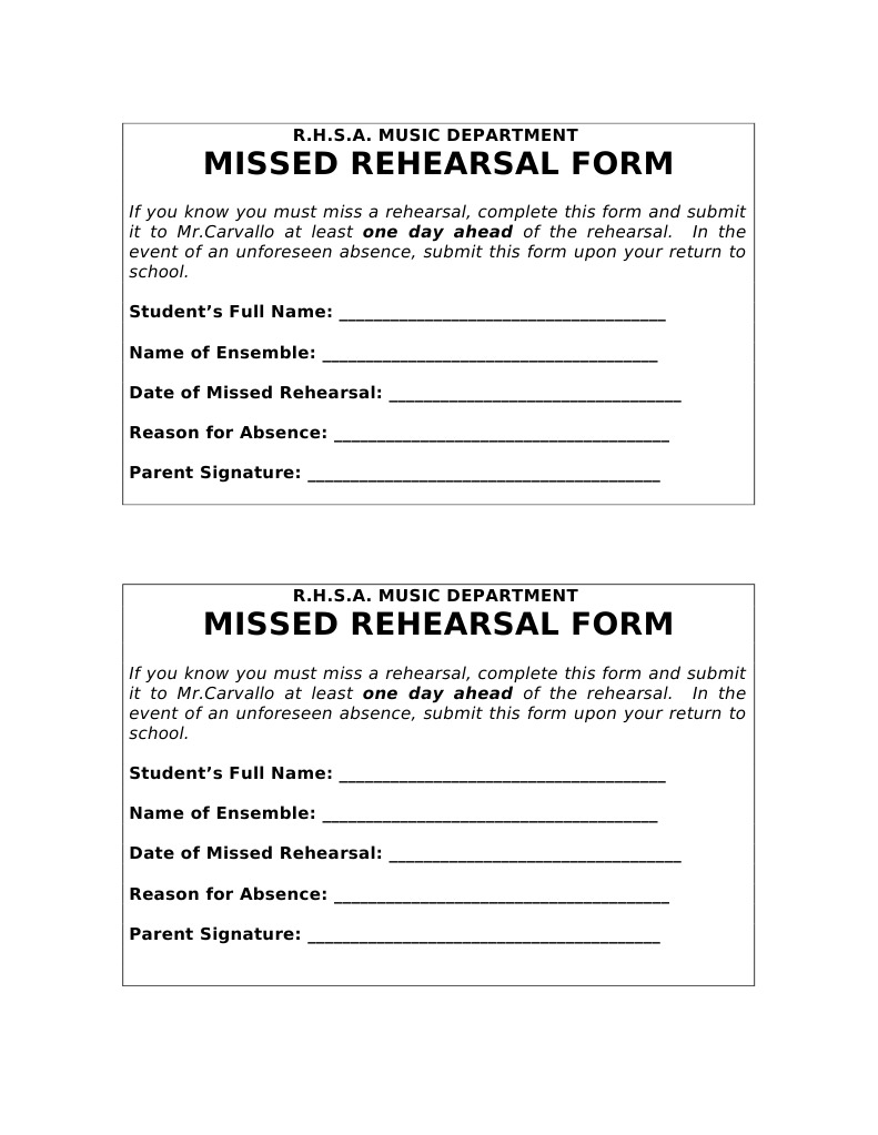 Music Rehearsal Absence Form | PDF | Language Arts & Discipline