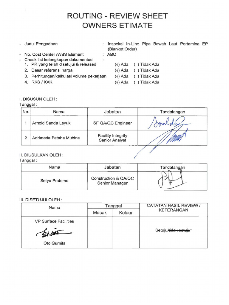 SS Inspeksi - Routing Review Sheet OE - Signed OG | PDF