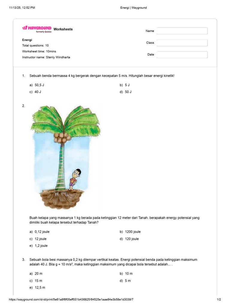 Worksheet Energi Kinetik dan Potensial | PDF