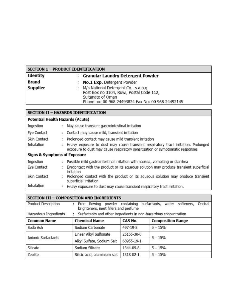 Granular Laundry Detergent Safety Data | PDF | Detergent | Surfactant