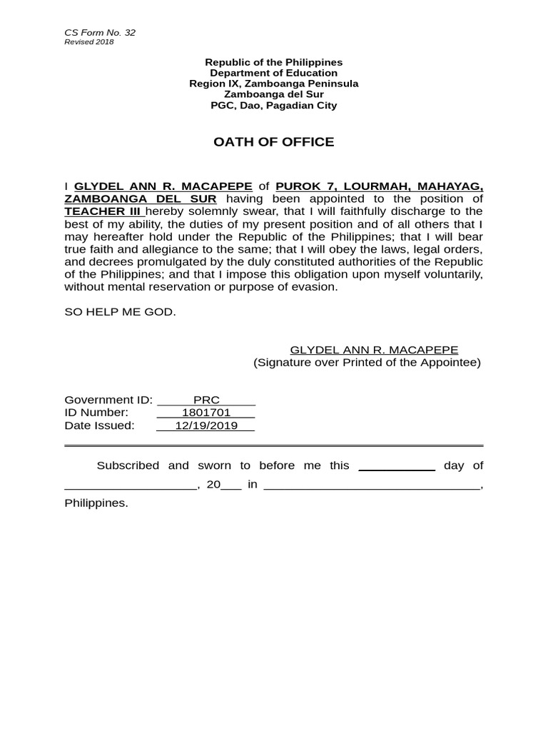 Teacher III Oath of Office Form CS 32 | PDF