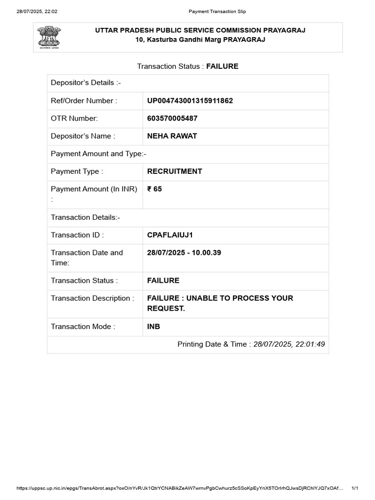 UPPSC Payment Transaction Failure Notice | PDF