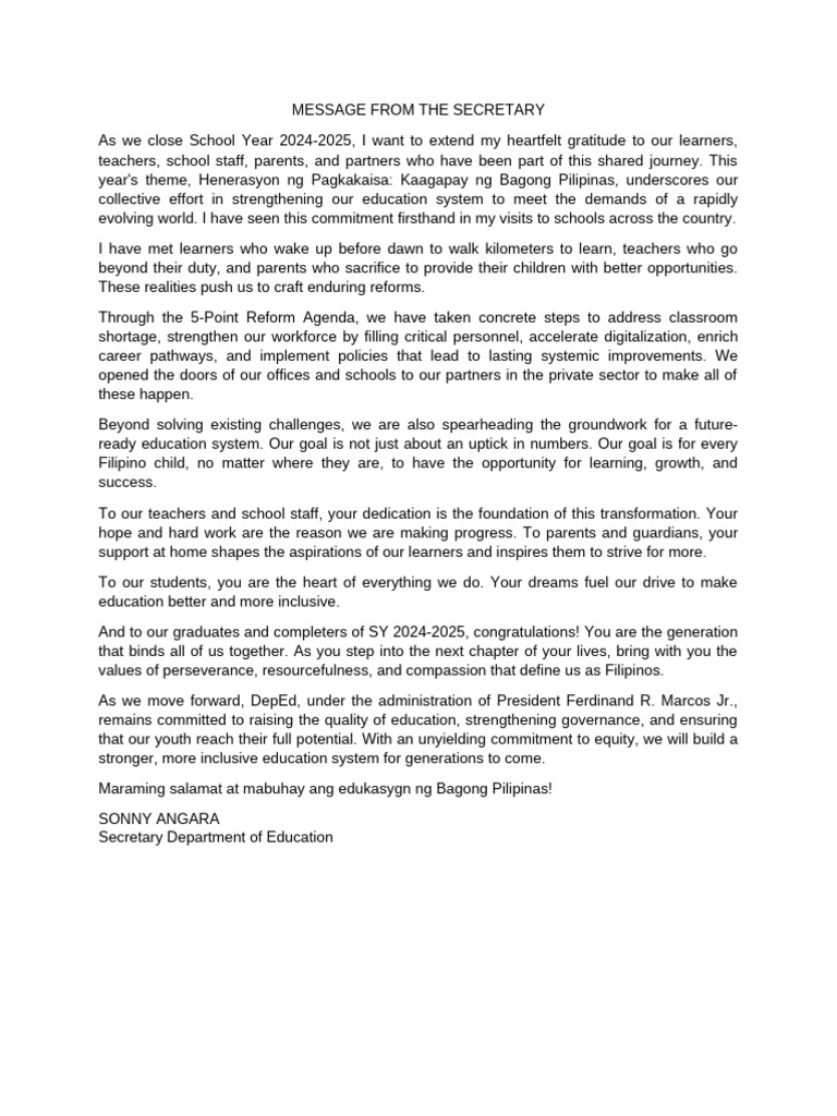 Graduation Message for SY 2024-2025 | PDF | Love | Teachers