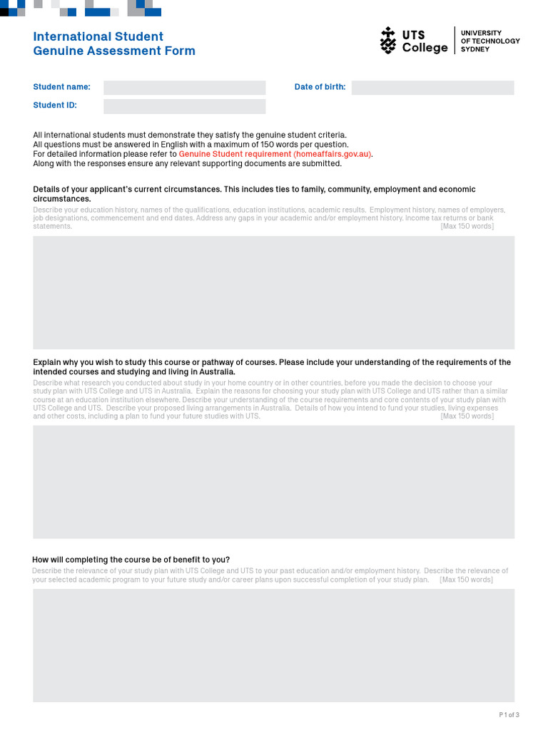 International Student Genuine Assessment Form | PDF | Travel Visa
