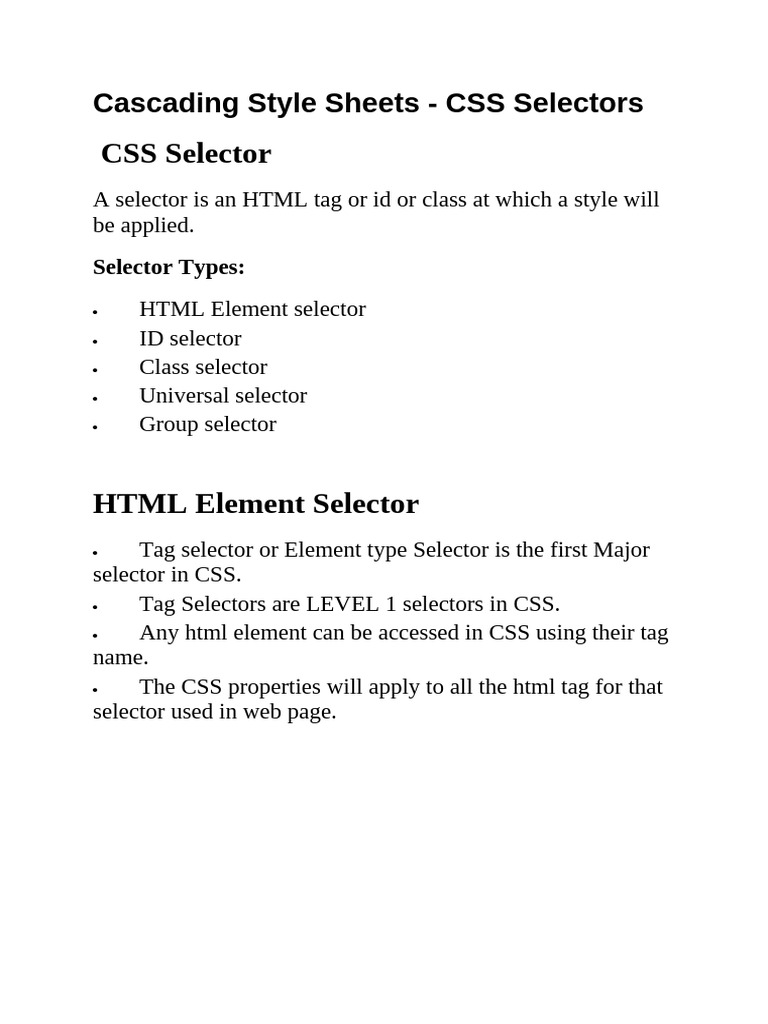 CSS Selector Types Explained | PDF | Html | Html Element