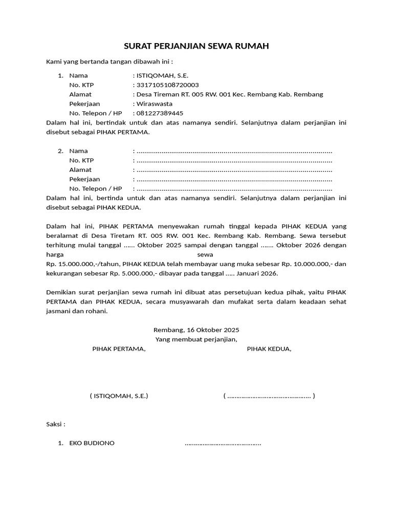 Surat Perjanjian Sewa Rumah Rembang | PDF