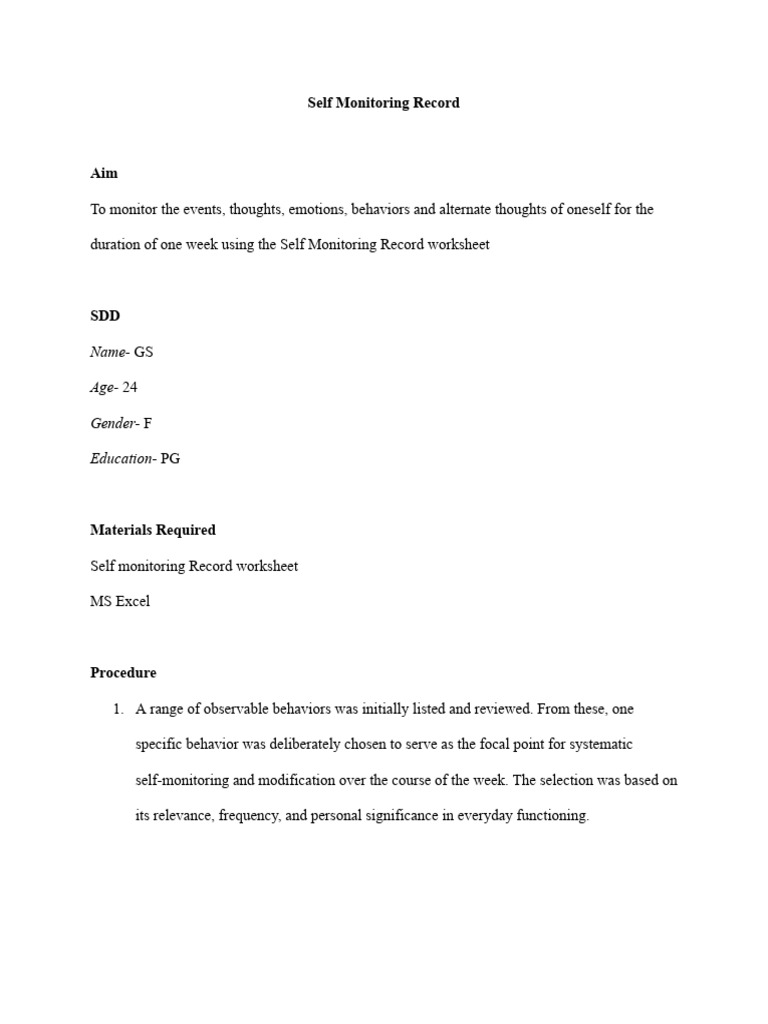 Weekly Self-Monitoring Behavior Record | PDF | Thought | Emotions