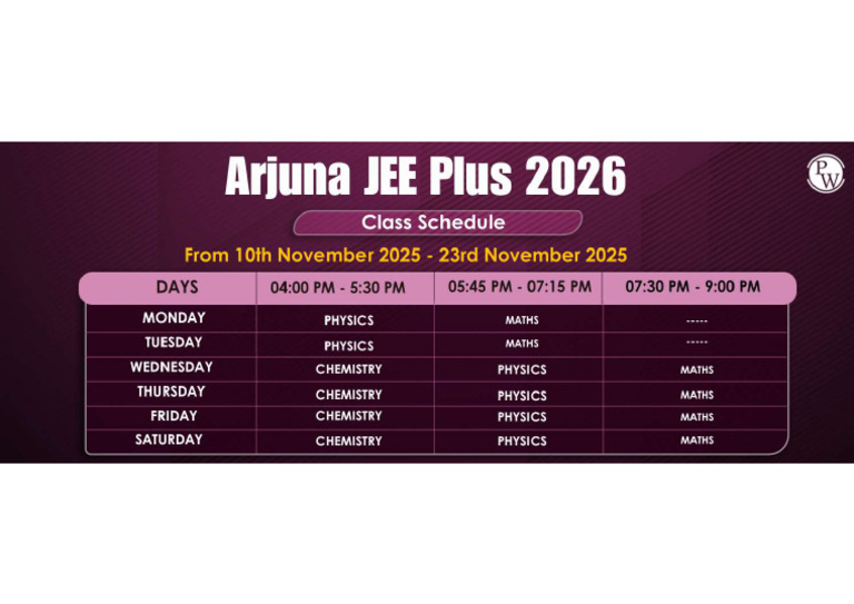 Arjuna JEE Plus 2026 Class Schedule | PDF