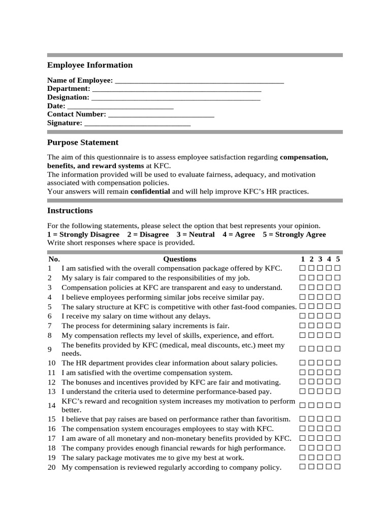 KFC Employee Compensation Survey | PDF | Incentive | Compensation And ...