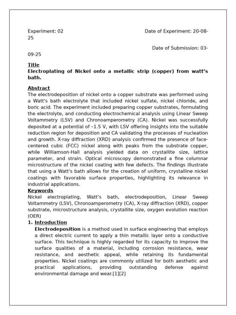 Nickel Electroplating on Copper Using Watt's Bath | PDF | Nickel | Ph