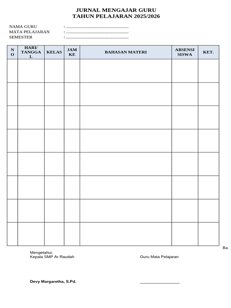 Jurnal Mengajar Guru SMP 2025/2026 | PDF