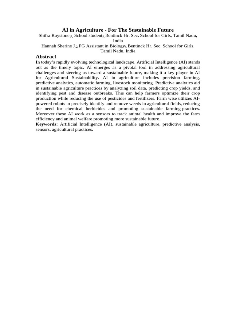 Abstract - AI in Agriculture - For The Sustainable Future in Farming | PDF