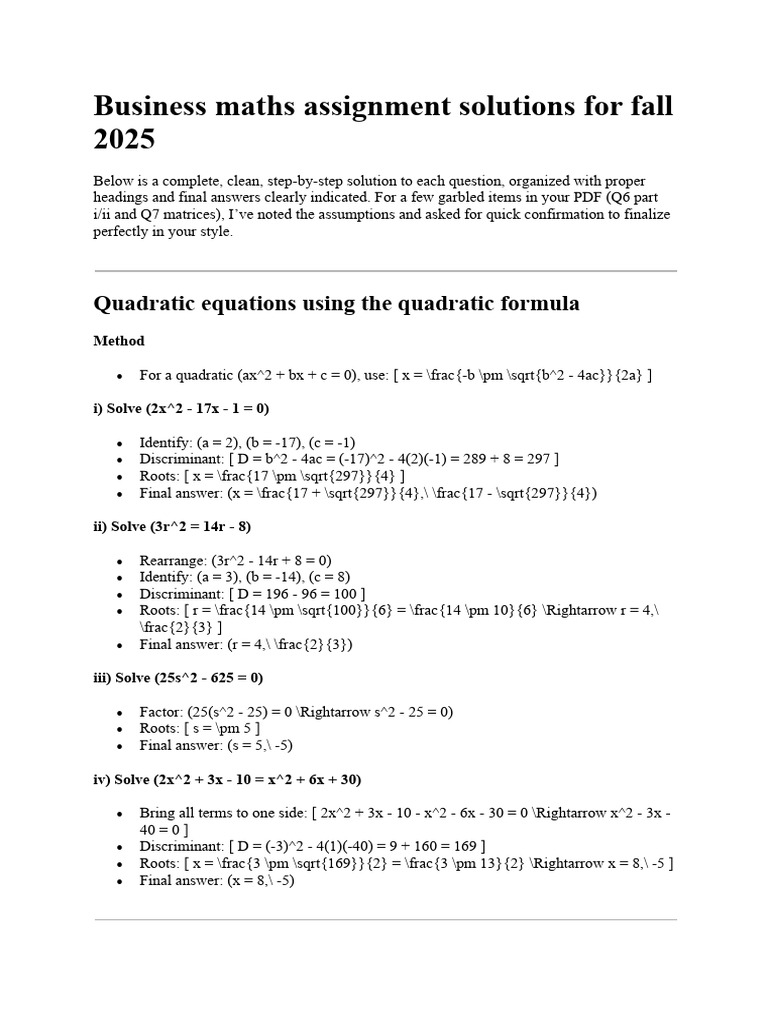 Business Math Solutions Fall 2025 | PDF | Factorization | Square Root