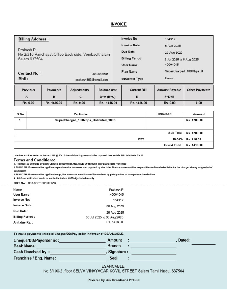 Invoice for SuperCharged 100Mbps Plan | PDF | Cheque | Payments