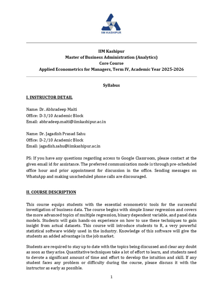 Econometrics Course Syllabus for MBAA | PDF | Regression Analysis ...