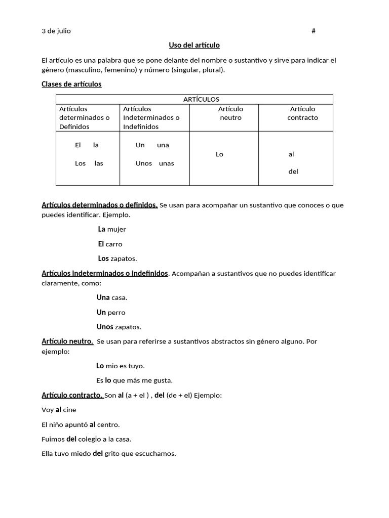 Uso y tipos de artículos en español | PDF