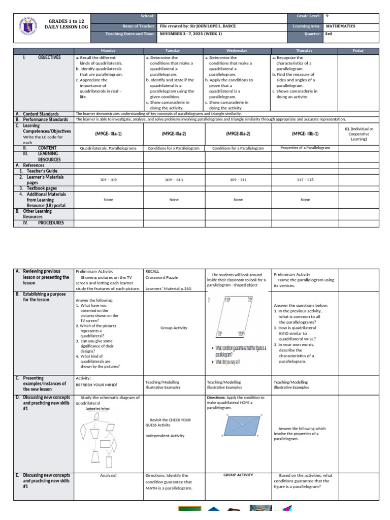 Grade 9 Math Lesson on Parallelograms | PDF | Rectangle | Learning