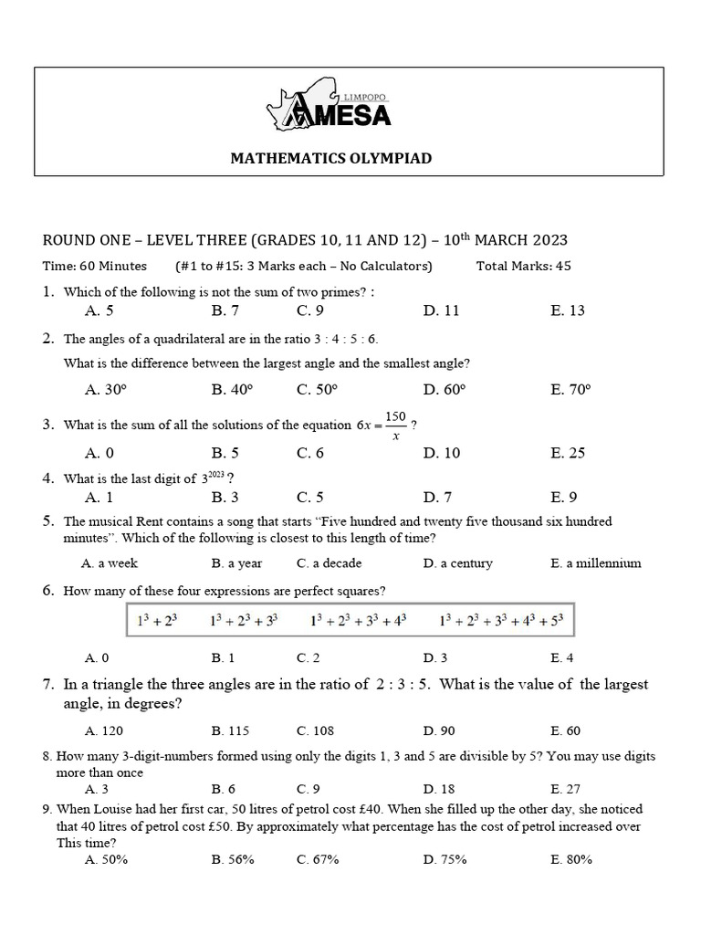 Math Olympiad Level 3 Questions | PDF | Numbers | Number Theory