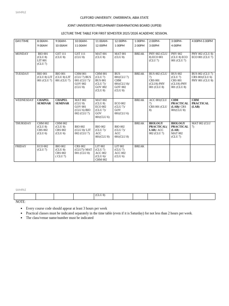 JUPEB 2025/2026 Semester Timetable | PDF