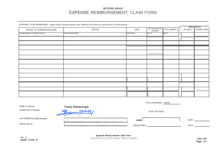 Expense Reimbursment Claim Form 1 | PDF | Expense