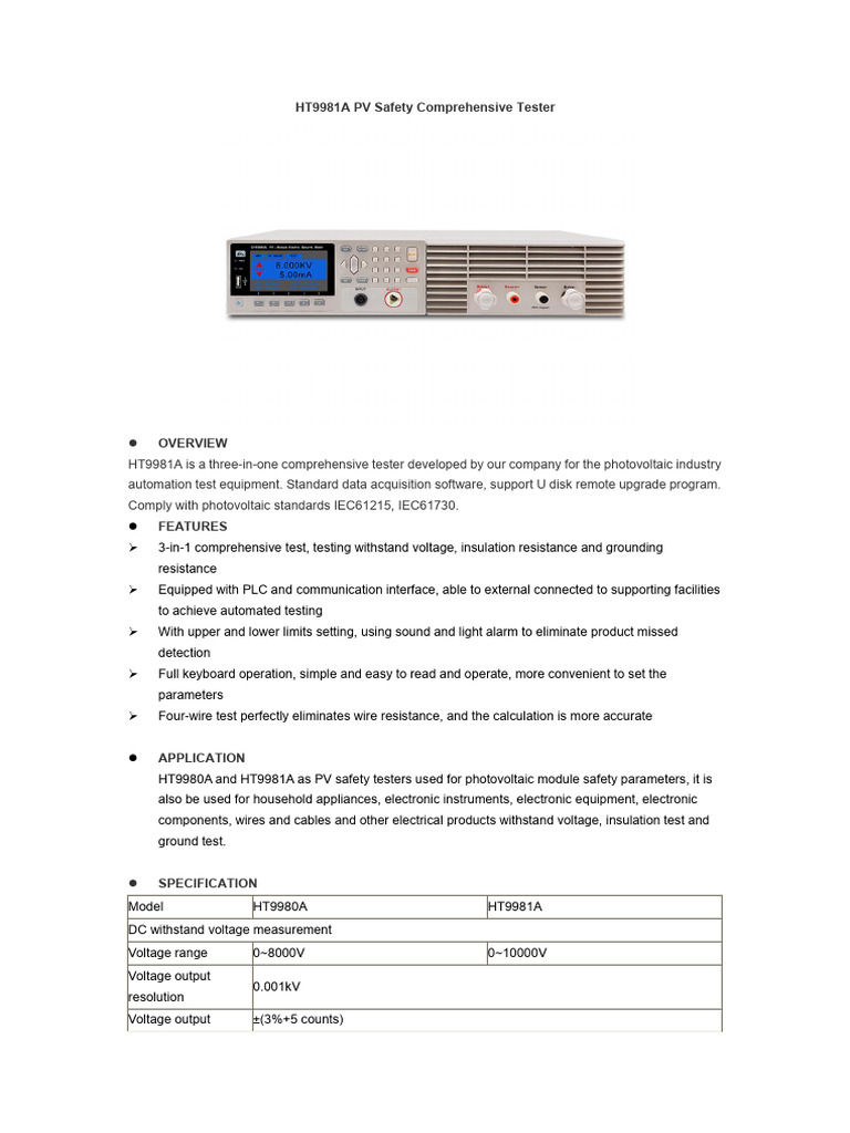 HT9981A PV Safety Comprehensive Tester | PDF | Voltage | Photovoltaics