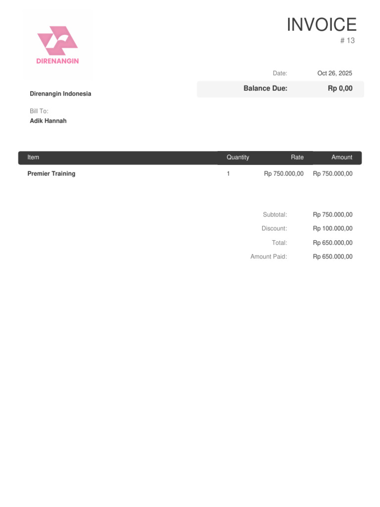 Invoice #13 for Premier Training | PDF