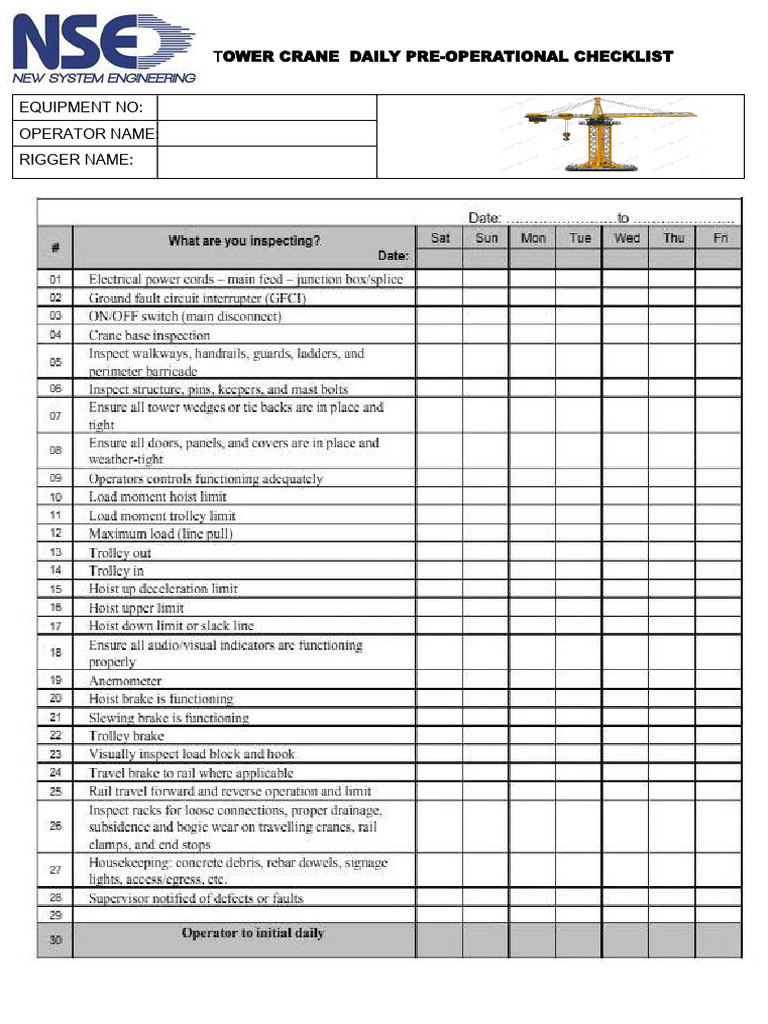Tower Crane Weekly Checklist | PDF
