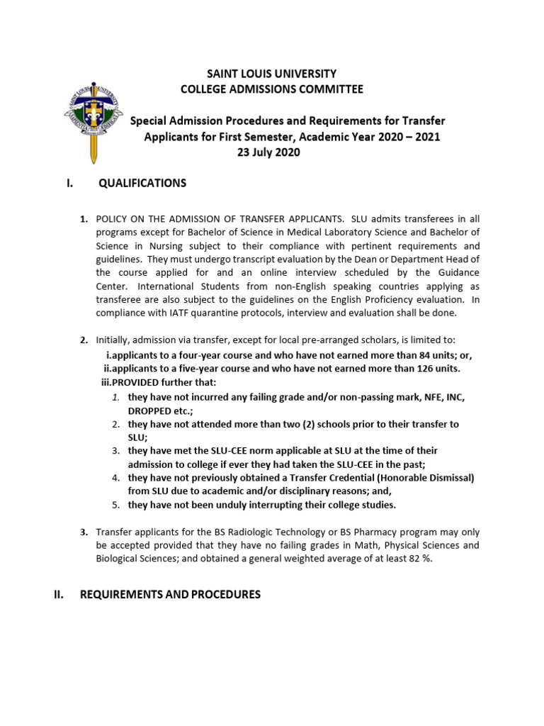 SLU Transfer Admission Guidelines 2020 | PDF | Bachelor Of Science