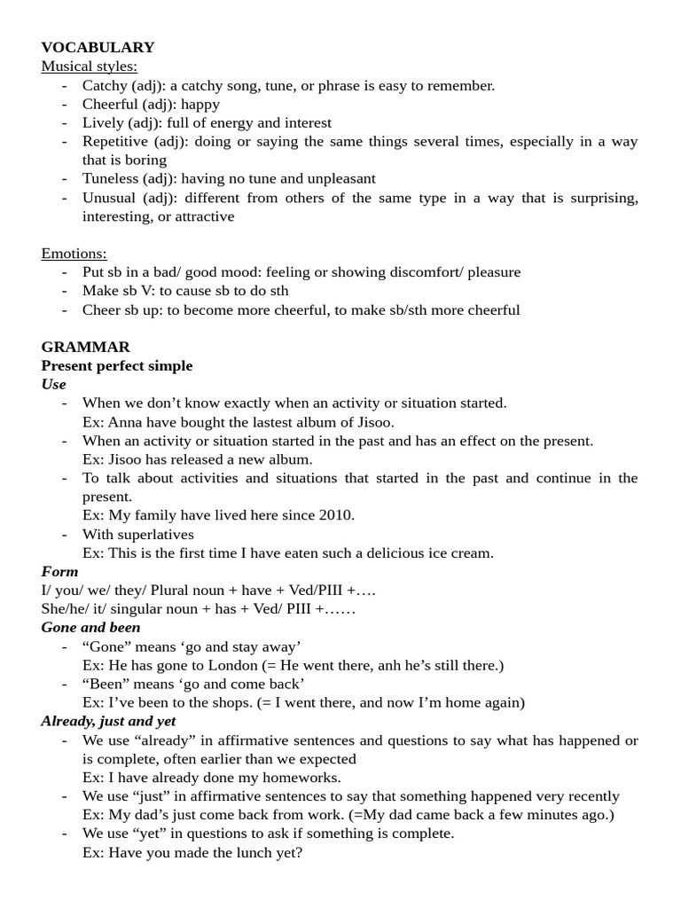 Music Vocabulary and Grammar Guide | PDF