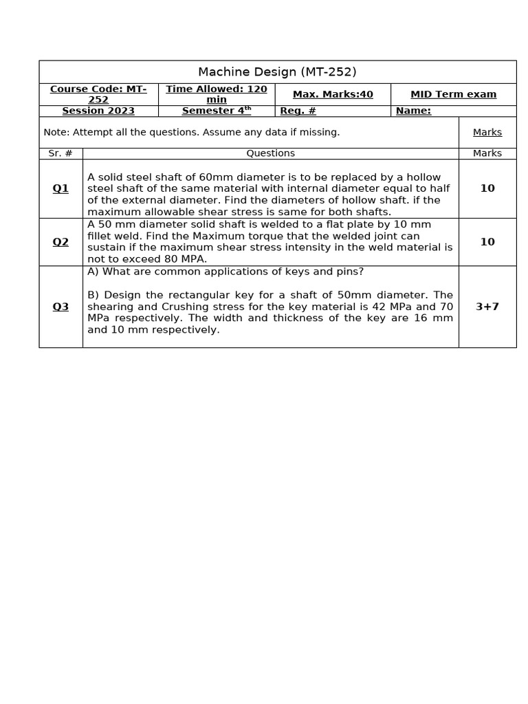 Machine Design MT 252 MidTerm Paper | PDF