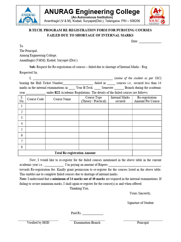 R22 BTech Re-Registration Form v2 | PDF