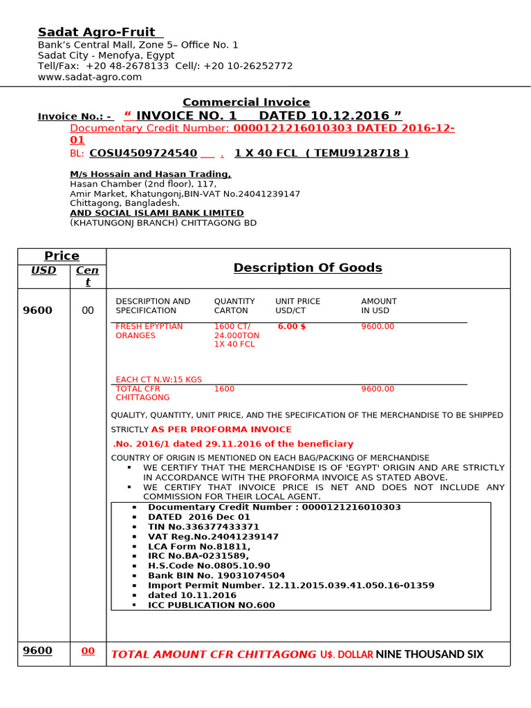 Credit Invoice No 1 CNTR SADAT - Agro | PDF | Invoice | Accounting