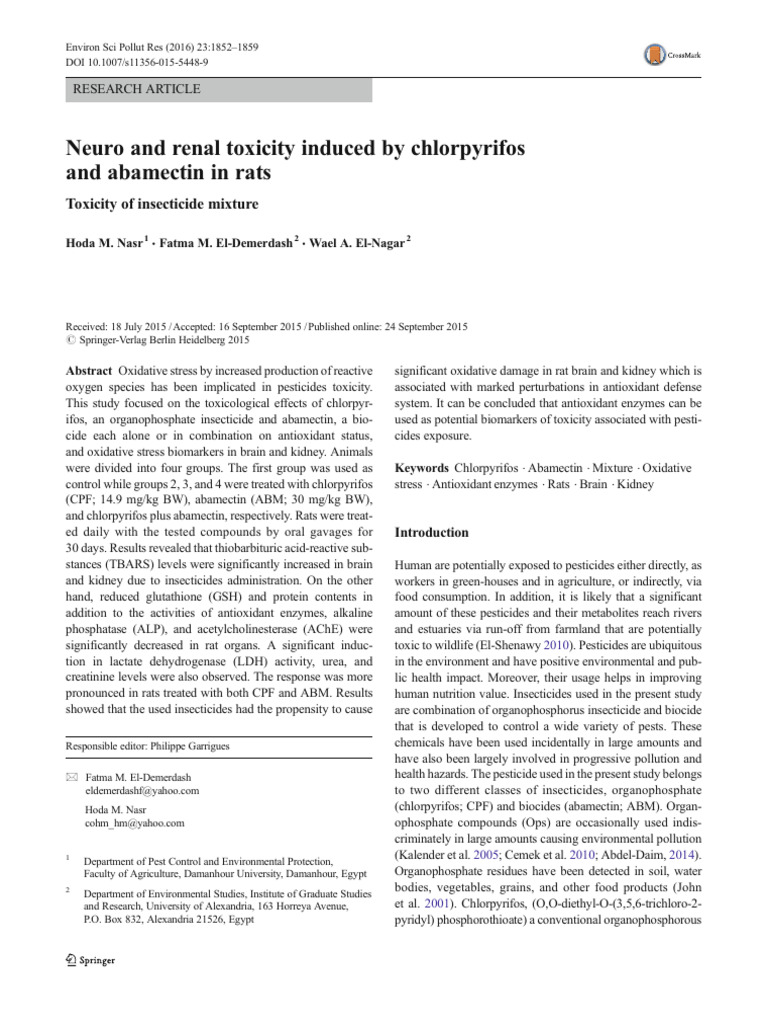 Neuro and Renal Toxicity Induced by Chlorpyrifos and Abamectin in Rats ...