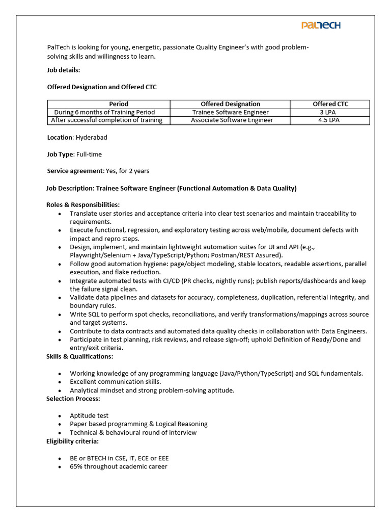 Quality Engineer Trainee Job in Hyderabad | PDF