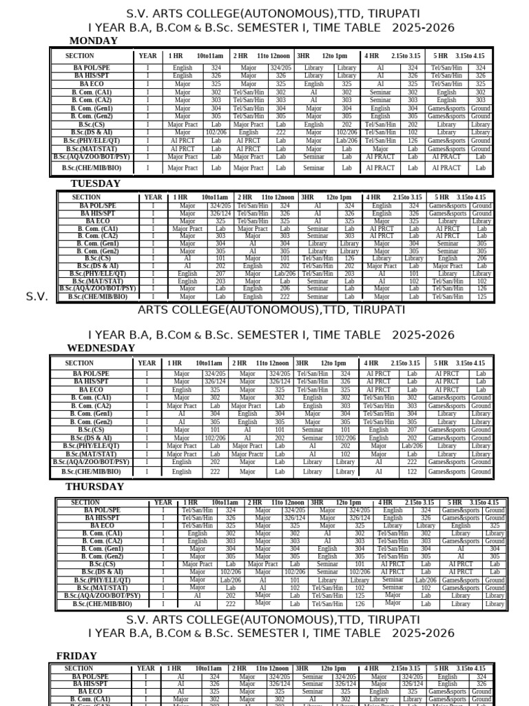 I Year 2025-26 Timetable | PDF