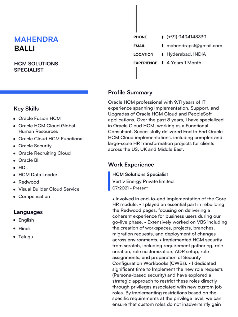 Oracle HCM Solutions Specialist Profile | PDF | Oracle Corporation ...