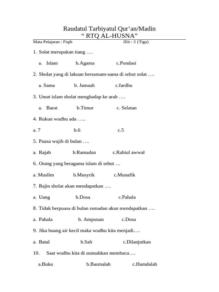 Soal Fiqih untuk RTQ Al-Husna Jilid 3 | PDF