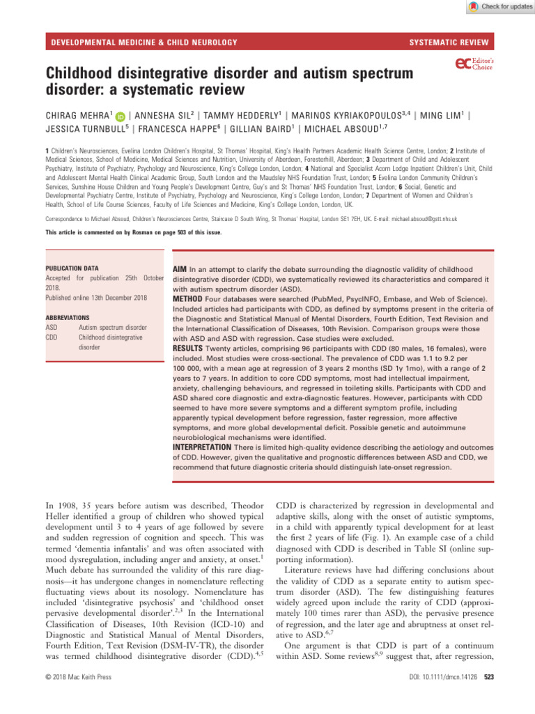 Develop Med Child Neuro - 2018 - Mehra - Childhood Disintegrative ...