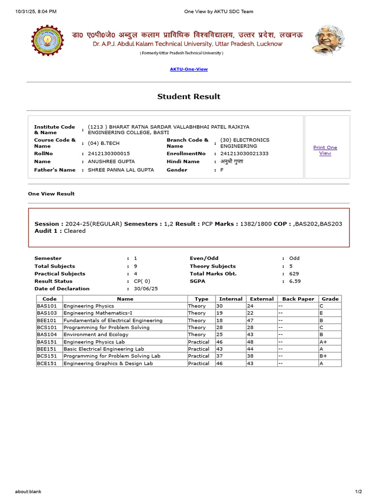 AKTU B.Tech Student Result Summary | PDF | Physical Sciences | Engineering