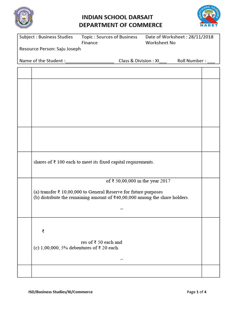 Work Sheet 7 - Sources of Business Finance Worksheet Version | PDF ...