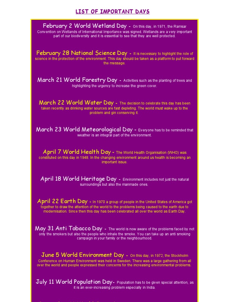 List of important days pdf
