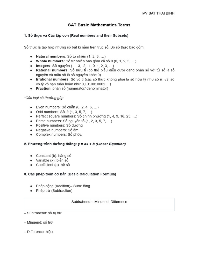 SAT Basic Mathematics Terms (HS) | PDF