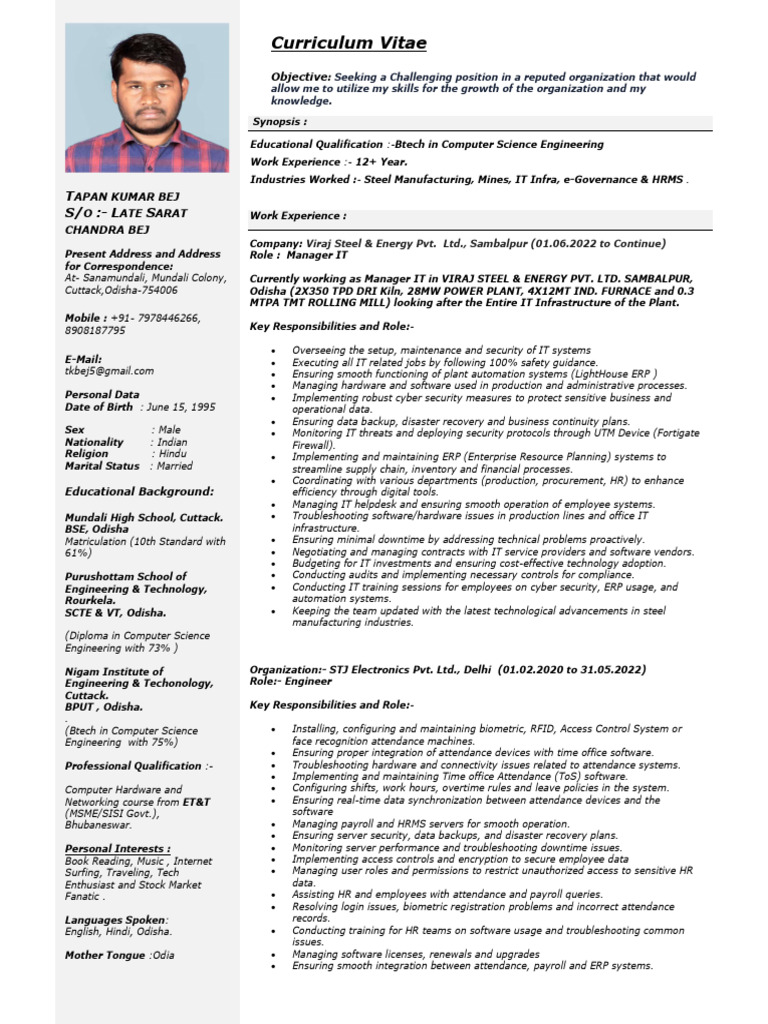 Tapan Kumar Bej: IT Manager CV | PDF | Computer Network | Computer Security