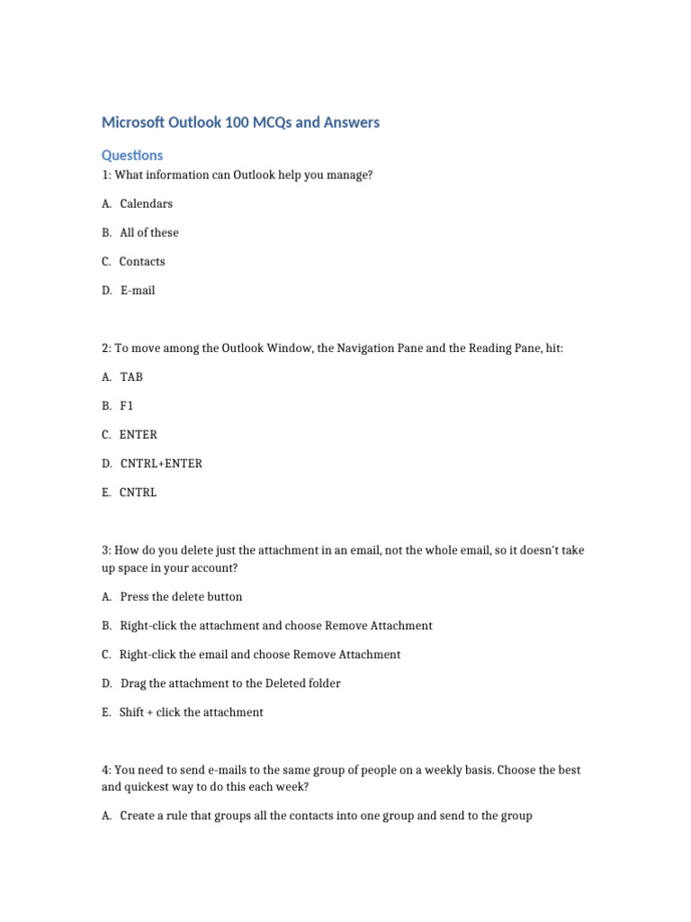 Outlook MCQs for Efficient Usage | PDF | Microsoft Outlook | Software