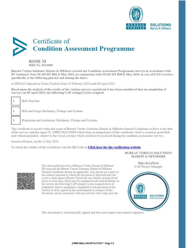 Certificate of Condition Assessment for LNG Carrier | PDF