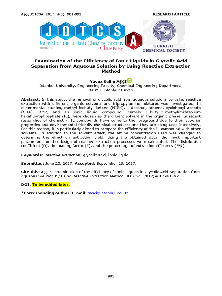 Examination of The Efficiency of Ionic Liquids in | PDF | Acid | Solvent