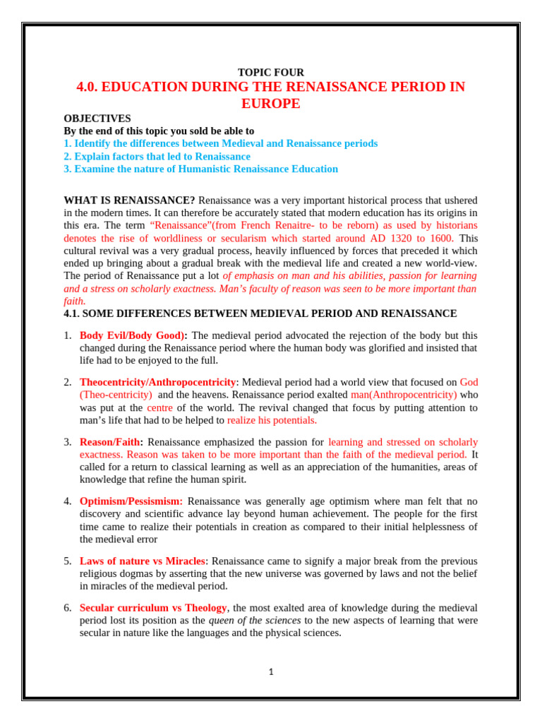 Edf 110 Notes Topic Four | PDF | Humanism | Renaissance